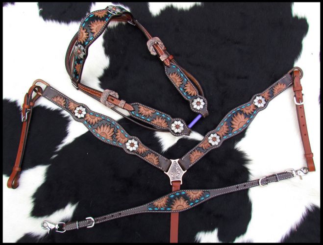 Showman Sunflower Tooled dark oil Leather Browband headstall and breastcollar set #2